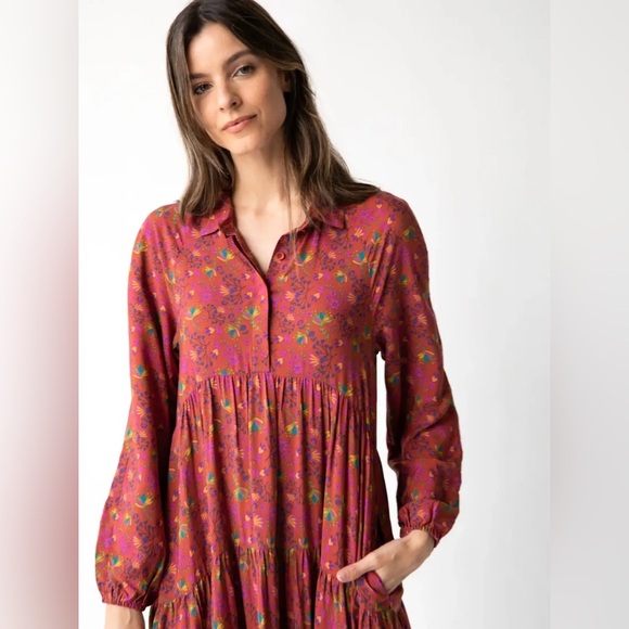 Natural Life Rebecca Maxi Dress Pockets Red Clay Long Sleeve Tiered Bohemian L - Picture 2 of 14